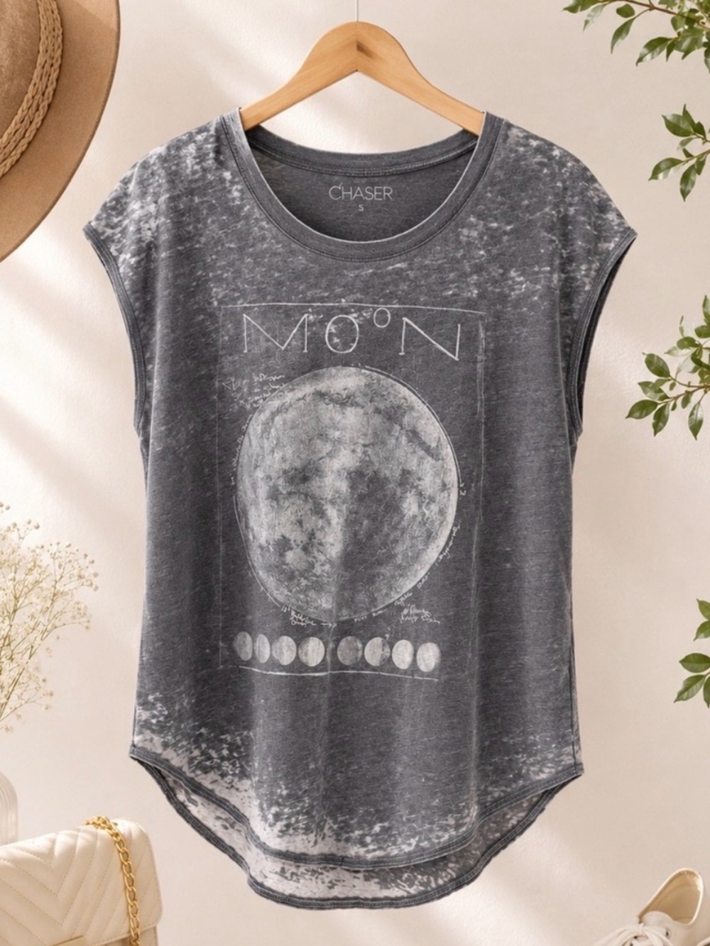 Chaser Moon Phase Burnout Graphic Tee Celestial Boho Gray Muscle Top Medium